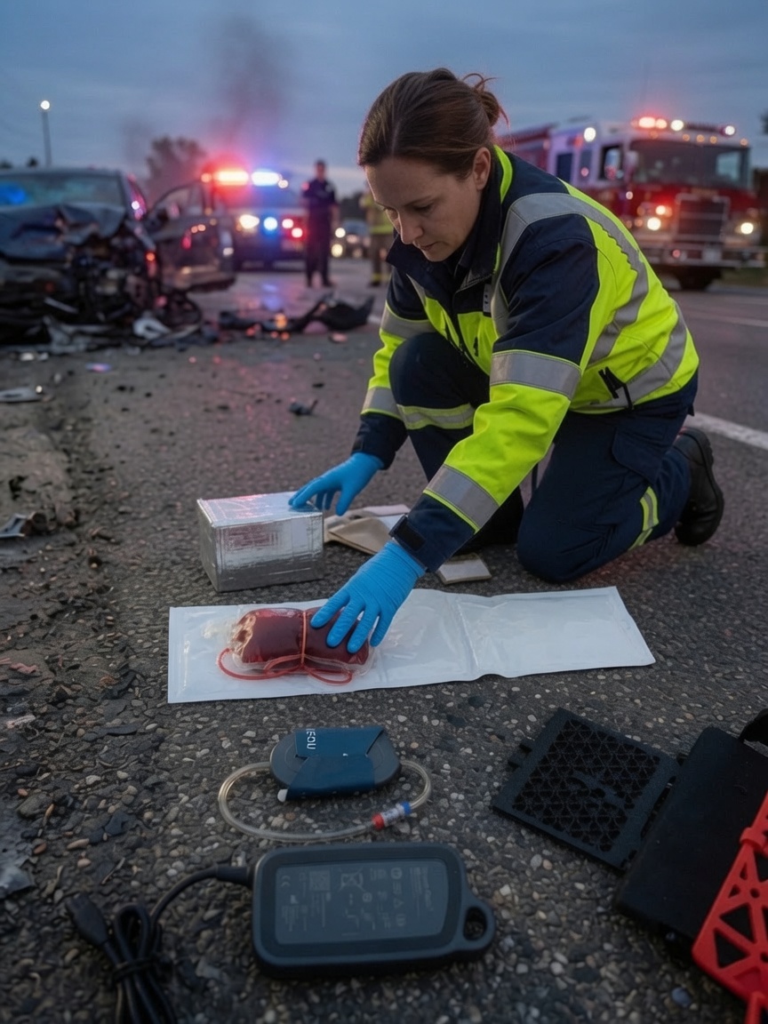 Responder with delivered whole blood unit, cooler, and warmer on scene